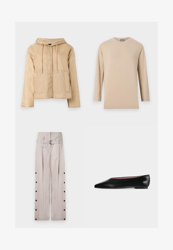 Chaqueta ligera con capucha de color beige, mangas largas, bolsillos frontales, cordones ajustables y cierre frontal oculto.; Camiseta beige de manga larga con cuello redondo y dobladillo recto, mostrada sobre un fondo blanco liso.; Pantalones de pierna ancha en color beis, fabricados con un tejido suave, que presentan una cintura alta con cinturón, botones laterales y un acabado limpio y ajustado.; Zapato plano negro de cuero para mujer con punta puntiaguda y tacón bajo, mostrado de lado sobre un fondo liso gris claro.