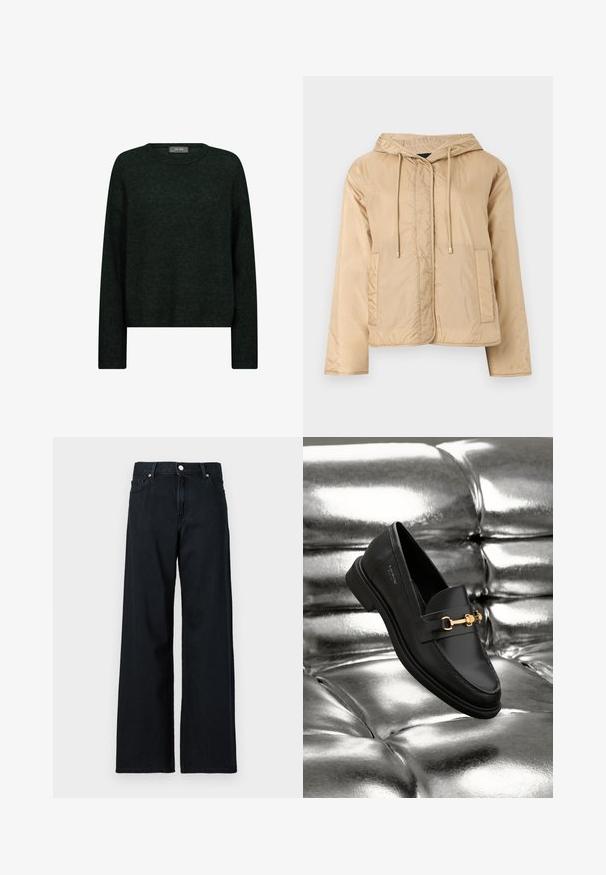 Beige letvægtshættetrøje med lange ærmer, forlommer, snoretræk og skjult frontlukning.; Mørkegrøn sweater med rund halsudskæring, lange ærmer og en afslappet pasform. Fremstillet af tekstureret stof med subtile tonale mønstre.; Bredde jeans i mørk denim med knaplukning, fem lommer og synlige stikninger. Materialet fremstår robust med en glat overflade.; Sorte læder loafers med en guldfarvet hardware detalje. Skoen har et elegant design og en glat, skinnende overflade.