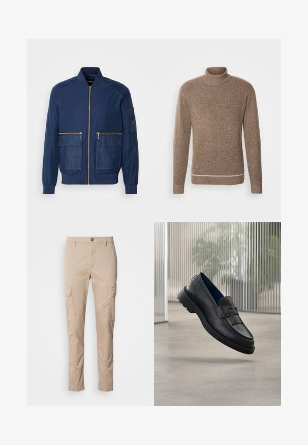 Marineblå bomberjakke med lynlås, denimdetaljer på to forlommer og en mesh-lomme på venstre ærme. Struktureret stof.; INDICODE JEANS Striktrøje - otter; Beige cargo bukser med to sidelommer, slim fit, lavet af letvægtsstof, med en frontknaplukning og bæltesløjfer.; Sorte læder loafers med en glat finish, der har en dekorativ rem og et tekstureret panel foran samt en tekstureret gummisål.