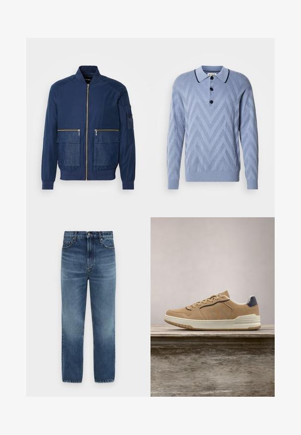 Marine bomberjack met een rits aan de voorkant, denim accenten op twee voorzakken en een gaaszak op de linkermouw. Textuurstof.; Lichtblauwe gebreide polo met een chevronpatroon, drie zwarte knopen en een contrasterende marineblauwe kraag. Lange mouwen en geribde manchetten.; Rechte blauwe denim jeans met hoge taille, knoopsluiting en vijfzakkenontwerp op een witte achtergrond.; Beige suède sneaker met een witte rubberen zool, voorzien van beige veters, marineblauwe accenten en geperforeerde details op de toe box.