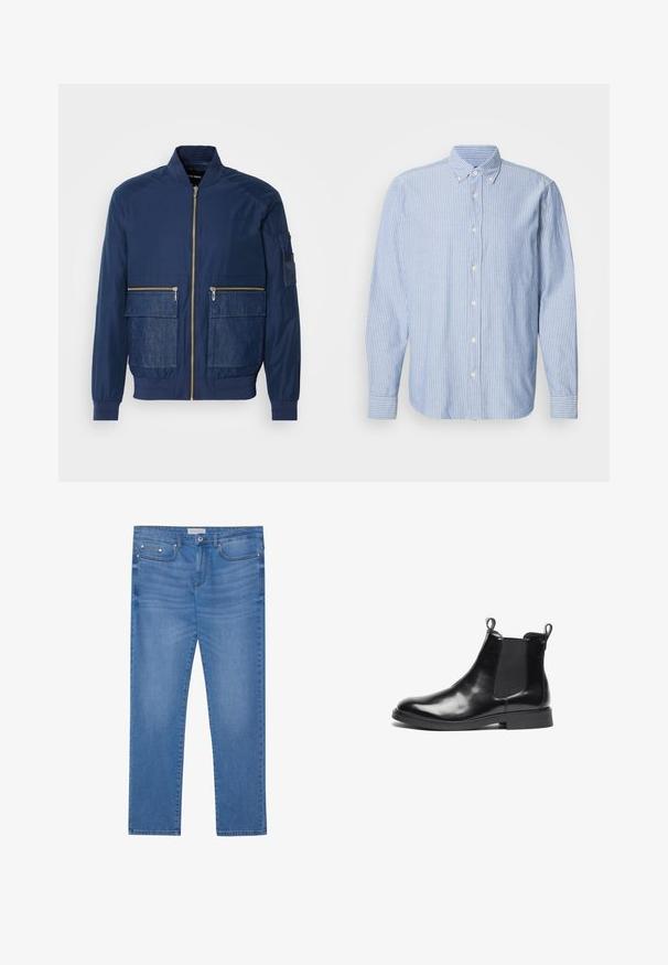 Marine bomberjack met een rits aan de voorkant, denim accenten op twee voorzakken en een gaaszak op de linkermouw. Textuurstof.; Lichtblauw overhemd met witte strepen, met een klassieke kraag en lange mouwen. Gemaakt van geweven stof met een gladde textuur.; Lichtblauwe spijkerbroek met een rechte pijp, vijf zakken, subtiele vervaging en metalen accenten op de taille en zakken.; Zwarte gepolijste lederen Chelsea-boot met elastische zijpanelen, afgeronde neus, draaglussen bij de enkel en een lage platte hak op een witte achtergrond.