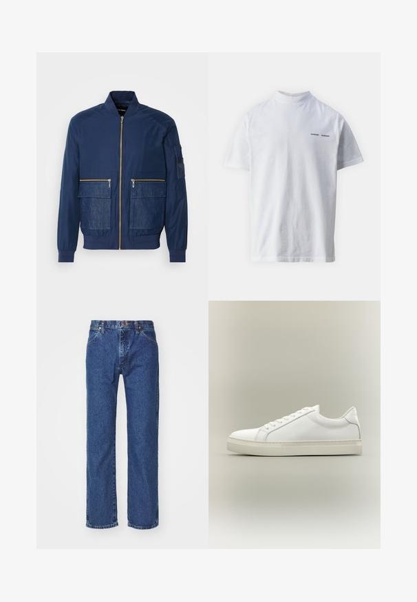 Marineblå bomberjakke med lynlås, denimdetaljer på to forlommer og en mesh-lomme på venstre ærme. Struktureret stof.; Hvid bomulds t-shirt med høj halsudskæring og korte ærmer. Har "SAMSØE SAMSØE" logo i sort på forsiden. Glat tekstur.; Straight-leg blå denim jeans med frontknap, lynlås, bæltestropper og fem-lomme design på en ensfarvet hvid baggrund.; Hvid lavtop sneaker med snørebånd foran og tyk sål, vist fra siden mod en neutral baggrund.