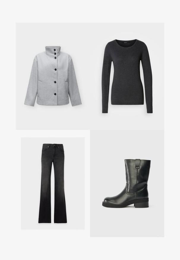 Veste en laine gris clair avec six boutons noirs, col montant, manches longues et deux poches latérales.; Pull gris foncé à manches longues avec un col rond, une texture douce et un motif subtil sur le devant et les manches.; Jean flare taille haute noir avec poches avant, passants de ceinture, fermeture par boutons et effet délavé.; Botte en cuir noire mi-mollet avec un petit talon, bout rond et une languette sur le côté, sur un fond uni.
