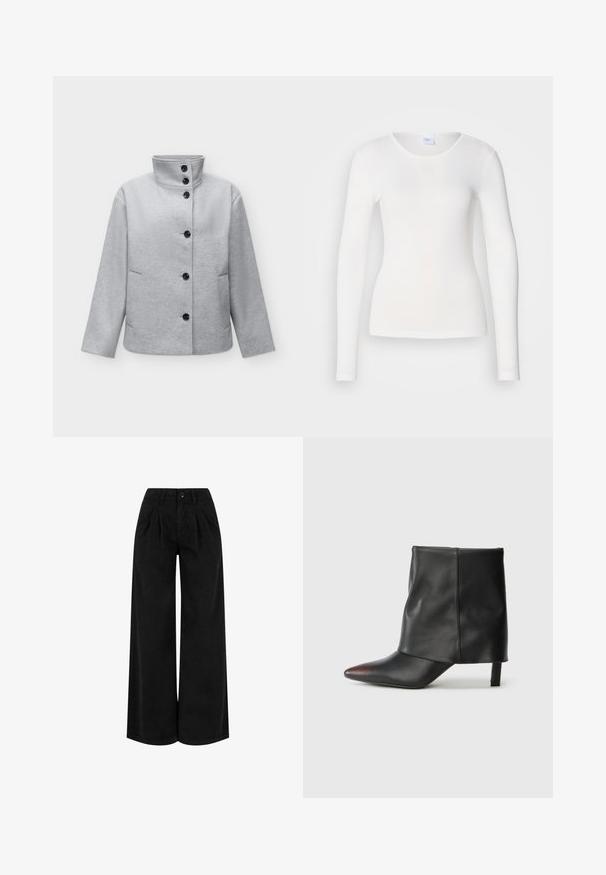 Veste en laine gris clair avec six boutons noirs, col montant, manches longues et deux poches latérales.; Chemise blanche à manches longues en tissu doux et lisse ; présente un col rond et une coupe ajustée, sans motifs ni embellissements.; Pantalon noir taille haute à jambes larges avec plis devant, fermeture à boutons et passants pour ceinture, présenté sur fond blanc.; Bottine noire en cuir lisse avec un bout pointu et un talon effilé. La tige présente un design légèrement froncé.