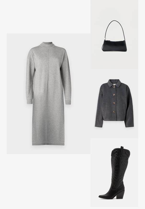 Veste en mélange de laine gris avec un col, cinq boutons en bois, deux poches latérales et un design court. Texture douce avec une finition subtile.; Robe grise à mancherons longs, réalisée en tissu doux, avec un col montant et une coupe droite dotée d'une couture au centre avant.; Bottes hautes en cuir noir jusqu'aux genoux avec bout pointu et talon empilé. Caractéristiques de coutures décoratives et éléments de design courbés.; Sac à main rectangulaire noir avec une fine bandoulière et fermeture éclair, présenté sur un fond blanc uni.