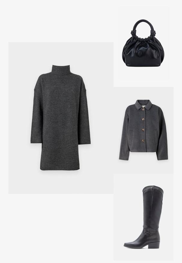 Grijze wolmix jasje met een kraag, vijf houten knopen, twee zijzakken en een cropped ontwerp. Zachte textuur met een subtiele afwerking.; Donkergrijze oversized coltrui gemaakt van zachte breimateriaal met verlaagde schouders en lange mouwen, voorzien van een chunky ribbelkraag.; Zwarte leren laarzen tot aan de knie met een vierkante neus en een lage blokhak. Soepele textuur en subtiele stuknaaddetails op de schacht.; Zwarte zachte leren handtas met geplooide bovenkant en twee dikke handvatten die in knopen zijn gestrikt tegen een effen lichte achtergrond.