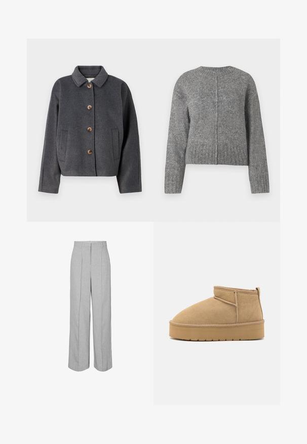 Veste en mélange de laine gris avec un col, cinq boutons en bois, deux poches latérales et un design court. Texture douce avec une finition subtile.; Pull en tricot gris à manches longues et col rond. Présente un design court et un côtes verticales sur l'ensemble. Pas de matériel visible.; Pantalon large taille haute gris clair avec plis marqués à l'avant et passants pour ceinture, conçu pour une tenue formelle ou professionnelle.; Bottines en daim beige à bout rond, avec des coutures minimales et une semelle en caoutchouc brun clair arborant un motif texturé.