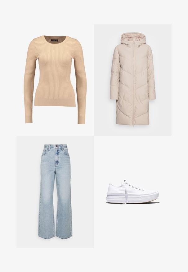 Beige pufferjakke med hætte, der har en fuld frontlynlås, chevron-quiltet mønster og lange ærmer. Blød, glat tekstur.; Ribbet langærmet sweater i lys beige, lavet af strækbart stof. Har en rund halsudskæring og tætsiddende silhuet med ribbede manchetter.; Lysblå denim brede ben jeans med høj talje, klassisk fem-lomme design og kontrasterende syninger. Uslebne kanter i bunden.; Hvid lavt snørestøvle med tyk plateau-sål, snørelukning foran og gummiforstærket tåkap, set i sideprofil.