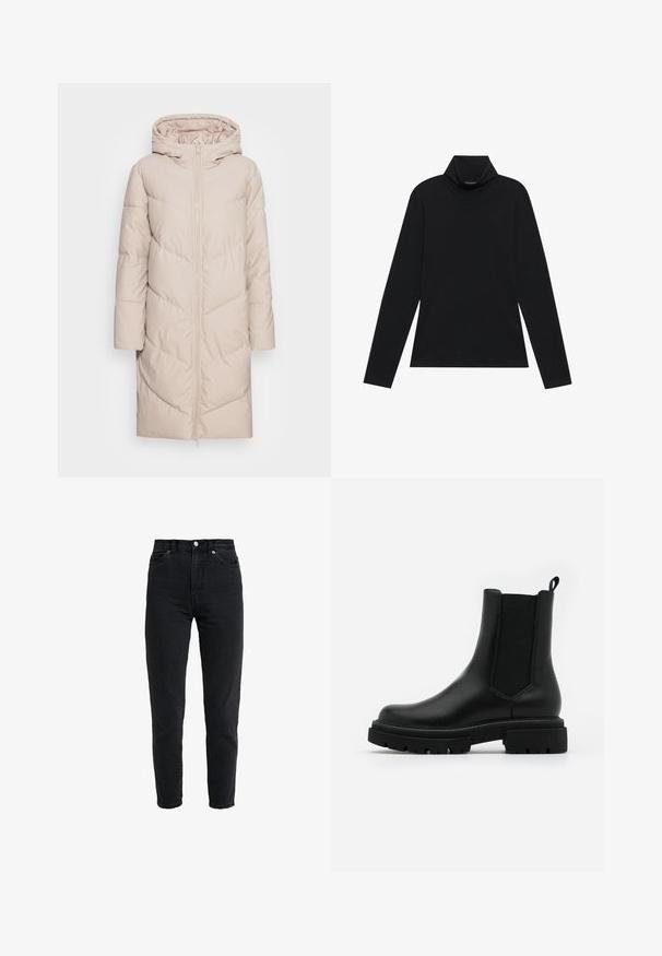 Beige pufferjakke med hætte, der har en fuld frontlynlås, chevron-quiltet mønster og lange ærmer. Blød, glat tekstur.; Sort turtleneck med lange ærmer. Blødt stof, tætsiddende design, høj krave og sidesøm. Simpel og alsidig stil, der er velegnet til lag-på-lag.; High-waist sort denim jeans med forreste knap og lynlås, to forlommer og en tilspidset ben foran på en hvid baggrund.; Sorte læder Chelsea-støvler har en glat overflade, elastiske sidetillæg, en løftestang og en kraftig gummisål med en tekstureret slidbane.