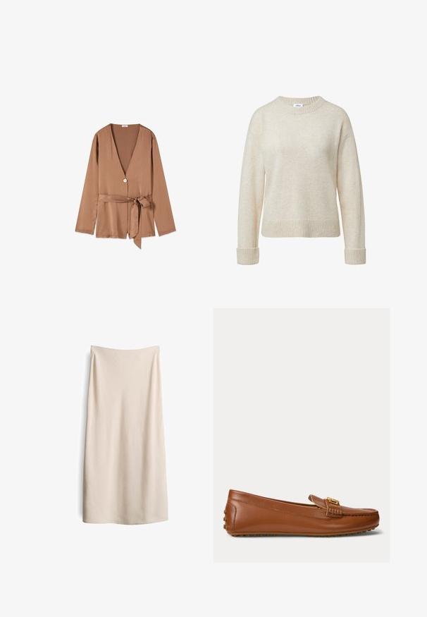 Bruine blouse met lange mouwen, diepe V-hals, één witte knoop en bijpassende stoffen ceintuur gestrikt in een strik ter hoogte van de taille.; Beige wollen ronde hals trui met lange mouwen, geribde manchetten en zoom, en een klein merkembleem bij de hals.; Beige, knielange rok met een gladde textuur en een rechte snit. Geen zichtbare naden of sluitingen, met een schoon, minimalistisch ontwerp.; Bruine leren loafer met een gouden gespdetail, rubberen zool met gripnoppen op de hak en onderkant.