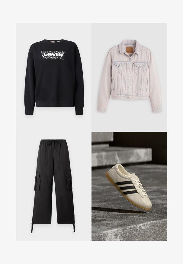 Heledat pestud teksajope nööpidega ees, kahe rinnaflapiga tasku, külgtaskud ja krae, laotatud hallil taustal.; Must paisu, mis on valmistatud puuvillast, sisaldab valget "Levi's" logo tähistaeva kujunduses. Ümar kaelus ning soonikkoes varrukad ja allserv.; Tommy Jeans ELASTICATED PANT - Kargopüksid - black; Valge toss mustade triipude ja kummist tallaga hõljub pehme päevavalguse käes betoontreppide kohal.