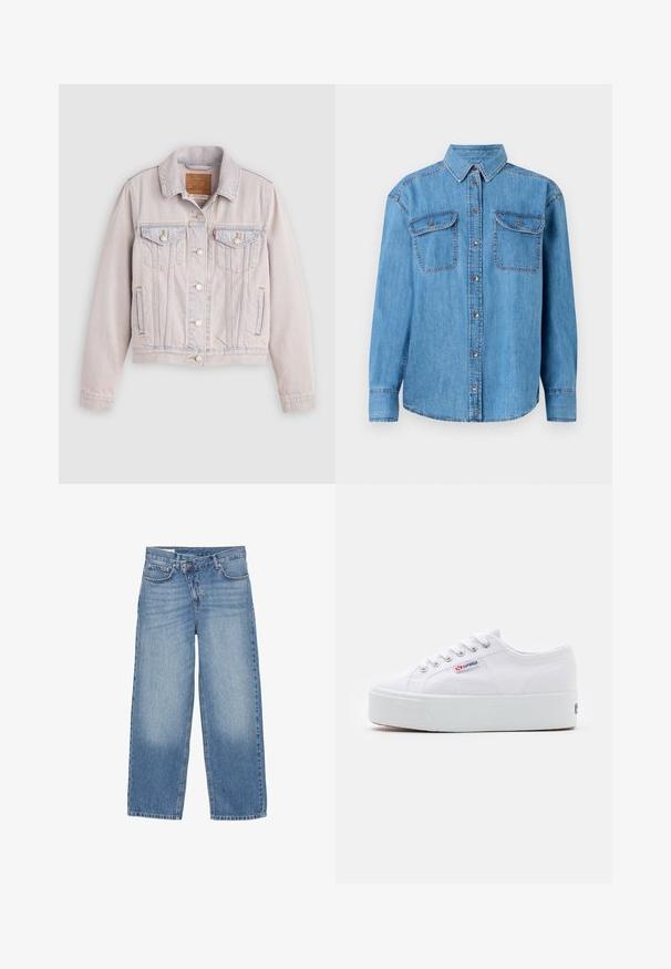 Veste en jean délavée claire avec fermeture à boutons, deux poches poitrine à rabat, poches latérales et col, étalée à plat sur un fond gris.; Chemise en jean bleu clair à manches longues, avec un devant boutonné, deux poches poitrine et un col classique. Présente des coutures contrastées.; Jean large jambe bleu clair en denim ; comporte un design classique à cinq poches, une braguette à fermeture éclair et un léger délavage au niveau des genoux.; Baskets en toile blanches avec une épaisse semelle plateforme blanche, bout rond et œillets en métal pour les lacets. Logo de la marque affiché sur le côté.