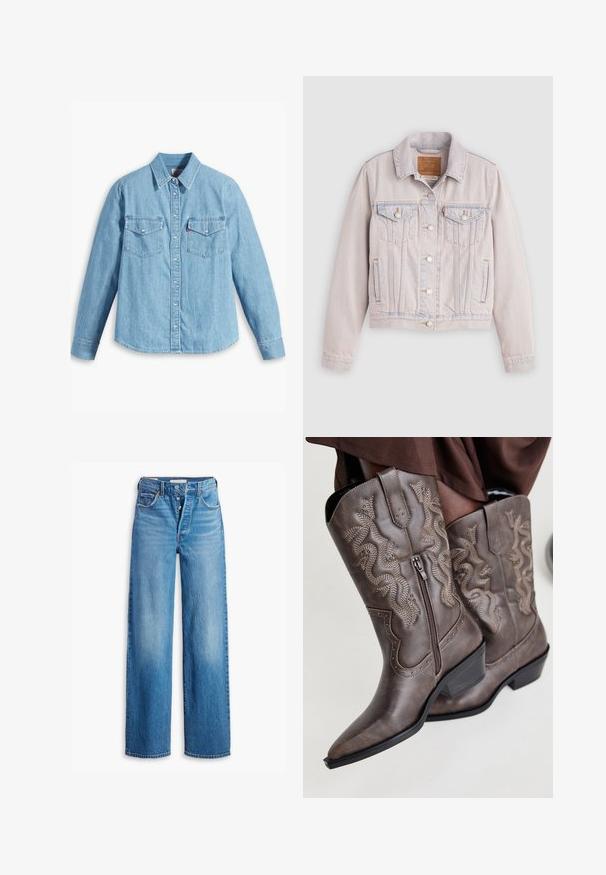 Hellblaues Denimjacke mit Knopfleiste, zwei Brustklappentaschen, Seitentaschen und Kragen, flach auf einem grauen Hintergrund liegend.; Helles blaues Denimhemd mit langen Ärmeln, spitzem Kragen, zwei Brusttaschen, Knopfleiste und subtiler Struktur. Keine sichtbaren Muster.; Blaue Denim-Jeans mit hoher Taille, weitem Bein-Design und Fünf-Taschen-Stil. Sie verfügen über einen Knopfverschluss und ein verwaschenes Finish.; Braune Leder-Cowboystiefel mit einer spitzen Zehenpartie, Seitenreißverschluss und einem strukturierten Schlangendesign in Beige, mit dekorativen Nieten entlang der Kanten.