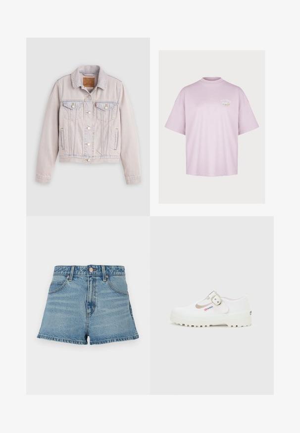 Veste en jean délavée claire avec fermeture à boutons, deux poches poitrine à rabat, poches latérales et col, étalée à plat sur un fond gris.; Pegador LUCIA HEAVY OVERSIZED TEE - T-shirt imprimé - washed bubblegum; Shorts en denim bleu clair avec taille haute, ourlet effiloché, surpiqûres contrastantes et poches avant. Comprend un bouton en métal et une étiquette de marque.; Chaussure Mary Jane en toile blanche avec semelle épaisse à crampons et boucle argentée, estampillée d'une petite étiquette "Superga" sur le côté.