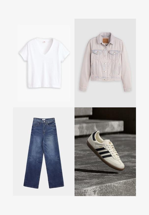 Chaqueta de mezclilla clara con cierre de botones al frente, dos bolsillos con solapa en el pecho, bolsillos laterales y cuello, colocada sobre un fondo gris.; Camiseta blanca de algodón con escote en V, mangas cortas y dobladillo recto. Textura suave, diseño minimalista, sin estampados ni acentos.; Pantalones vaqueros de pierna ancha en azul oscuro, con cintura alta, patrones de desvanecimiento pronunciados en el frente y el clásico estilo de cinco bolsillos.; Zapatilla blanca Adidas Samba con franjas negras y suela de goma, flotando sobre escalones de hormigón gris texturizado.