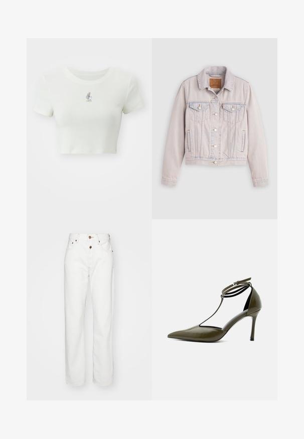 Veste en jean délavée claire avec fermeture à boutons, deux poches poitrine à rabat, poches latérales et col, étalée à plat sur un fond gris.; T-shirt blanc court en tissu doux, avec un petit personnage de dessin animé brodé sur la poitrine, des manches courtes et un col arrondi.; Jeans en denim blanc avec une coupe droite ; comprend une fermeture à bouton et à glissière, des coutures beiges et des poches avant.; Chaussure à talon haut vert olive à bout pointu avec bride à la cheville et design à bride en T, finition brillante, talon stiletto fin, sur fond blanc.