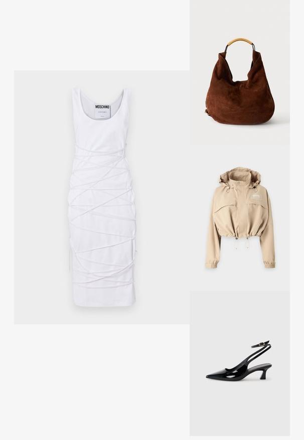 Beskåret beige jakke med justerbar hætte, elastisk bund og manchetter. Har en frontlomme og logo på brystet, lavet af letvægtsstof.; Hvid ærmeløs kjole med rund halsudskæring, der har et unikt design med snoede stofdetaljer og sideslids for ekstra detalje.; Sorte patenterede læderslingbacks med spidse tæer, lav blokhælt og justerbar ankelrem med guldspænde.; Brun ruskind hobo taske med enkelt gyldent metalhåndtag og blød, slasket form mod en ensfarvet baggrund.