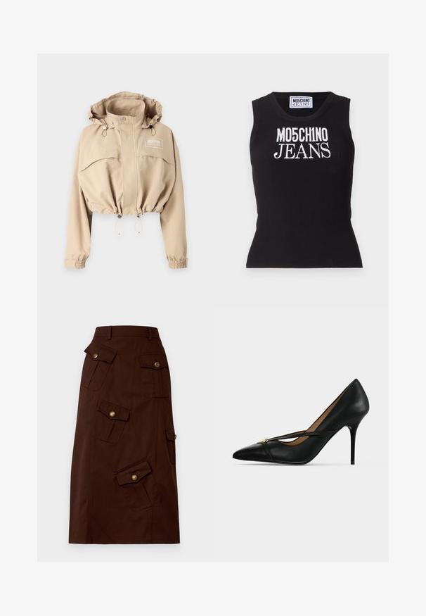 Beskåret beige jakke med justerbar hætte, elastisk bund og manchetter. Har en frontlomme og logo på brystet, lavet af letvægtsstof.; Sort ribbet tanktop med "MO5CH1NO JEANS" i hvid broderi. Tætsiddende design med rund hals og uden ærmer.; Brun knælang nederdel lavet af bomuld med flere klaplommer, der har guldknapper og en tætsiddende talje. Glat tekstur.; Sort læder højhælet sko med spids tå og slank rem over toppen, fastgjort med en lille guldbælte på ensartet baggrund.