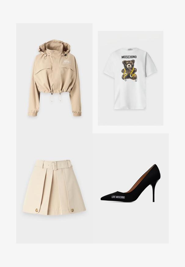 Beskåret beige jakke med justerbar hætte, elastisk bund og manchetter. Har en frontlomme og logo på brystet, lavet af letvægtsstof.; Hvid T-shirt med korte ærmer med teksten "MOSCHINO" og en brun tøjdims viklet ind i et gult målebånd på fronten.; Beige plisseret nederdel med tætsiddende talje, brede bæltestropper og knapdetaljer i kanten. Fremstillet af glat, let materiale.; Sort spids tå stilet hæl med teksten "LOVE MOSCHINO" på ydersiden og et glat slip-on design.