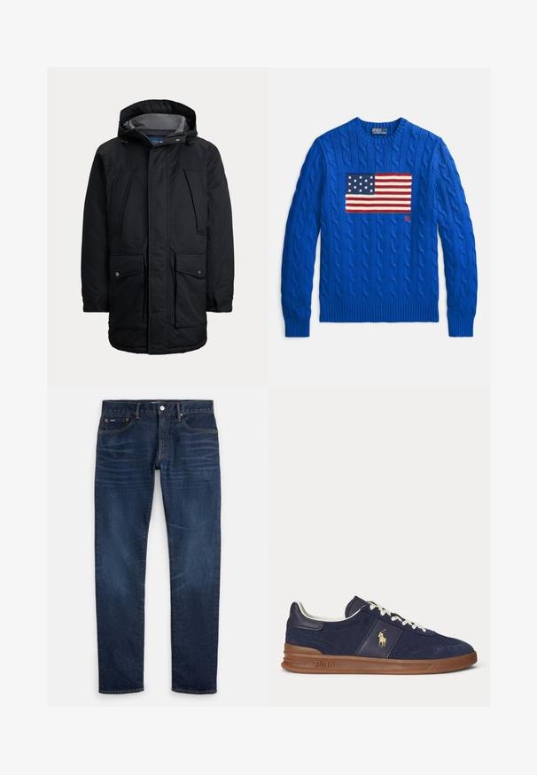 Zwarte geïsoleerde parka met capuchon, voorzien van meerdere voorzakken, een ritssluiting en een gladde nylon buitenkant. Het interieur heeft een grijze voering.; Blauwe kabelgebreide trui met een groot, gebreid ontwerp van de Amerikaanse vlag op de voorkant en geribbelde manchetten en zoom. Merkembleem aanwezig.; Donkerblauwe slim-fit jeans met subtiele vervaging op de dijen, ontwerp met vijf zakken en een knoopsluiting in de tailleband.; Marineblauwe lage sneaker met witte veters, bruine zool en Polo-spelerlogo aan de zijkant, gezien van links.