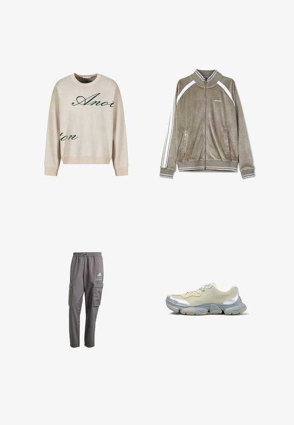 Corduroy zip-up jakke i dæmpet brun med hvide accenter. Har en ribbet krave, sidelommer og vertikale striber på ærmerne.; Beige strikket sweater med grønne kursiverede bogstaver. Ribbet halsudskæring og manchetter, afslappet pasform, med blød tekstur.; Grå cargo bukser lavet af letvægtsstof med elastisk talje og snøre, der har to sidelommer og logo detaljer.; Low-top sneaker i beige og sølv med chunky sål og snørefront, vist i sideprofil på hvid baggrund.