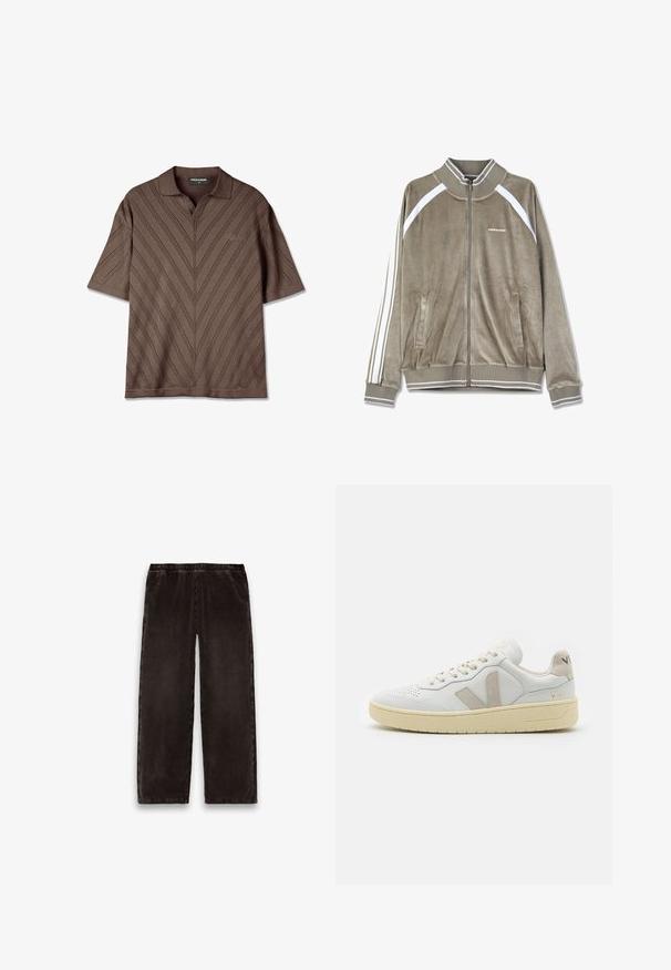 Chaqueta de pana con cremallera en marrón suave con detalles en blanco. Presenta un cuello acanalado, bolsillos laterales y rayas verticales en las mangas.; Camisa polo de manga corta marrón con cuello en V, que presenta un patrón texturizado en zigzag y un sutil detalle de logo en el pecho.; Pantalones de pana marrón oscuro con cinturilla elástica y piernas rectas, mostrados extendidos sobre un fondo blanco.; Zapatilla blanca de cuero con detalles en ante beige, paneles texturizados, cordones planos y suela de goma color crema. Marca "V-90" en el talón.