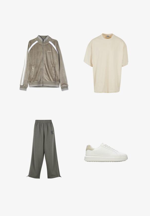 Gecurved zeppel jacket in gedempt bruin met witte accenten. Heeft een ribbelkraag, zijzakken en verticale strepen op de mouwen.; Crème-kleurig t-shirt met korte mouwen, met een ontspannen pasvorm en ronde hals; gemaakt van zachte katoen, met subtiele stikdetails.; Karl Kani KK OS SIDESTRIPE - Broek - grey; Witte sneakers van glad leer met een gestructureerde beige hielaccent, voorzien van ronde veters, een laag profiel ontwerp en een rubberen buitenzool.