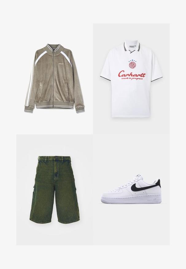 Veste zippée en velours côtelé de couleur brun discret avec des accents blancs. Dotée d'un col côtelé, de poches latérales et de rayures verticales sur les manches.; Polo blanc à manches courtes avec des bordures noires sur le col et les manches, texte rouge « Carhartt work in progress » et logo circulaire avec des étoiles bleues en haut.; Shorts cargo en denim vert avec une coupe décontractée, dotés de poches latérales et d'une fermeture à bouton. Texture effilochée et coupe droite.; Sneaker en cuir blanc avec un Swoosh noir texturé, des lacets plats et une semelle en caoutchouc avec un motif strié. "AIR" est embossé sur le talon.