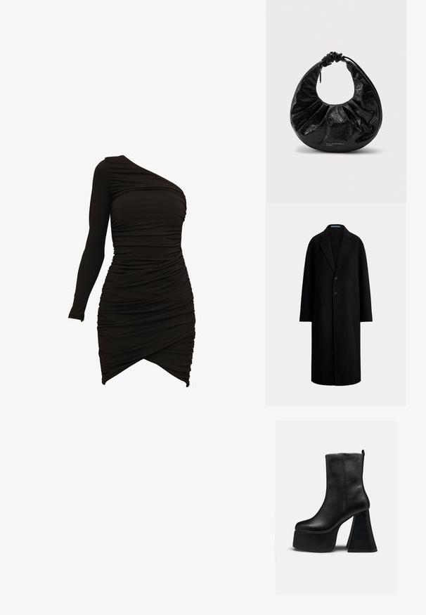 Abrigo largo negro con cuello de muesca, dos botones delanteros y dos bolsillos laterales, mostrado sobre un fondo claro y sencillo.; Vestido negro de un solo hombro, confeccionado en material elástico, con detalles fruncidos y un dobladillo asimétrico que proporciona una silueta ajustada.; Botín de cuero negro con suela de plataforma gruesa y tacón alto ancho acampanado, textura lisa y pequeño logo cerca del borde superior.; Bolso negro con forma de media luna con asa fruncida y cremallera, textura brillante arrugada y logo "KARL LAGERFELD JEANS" en el frente.