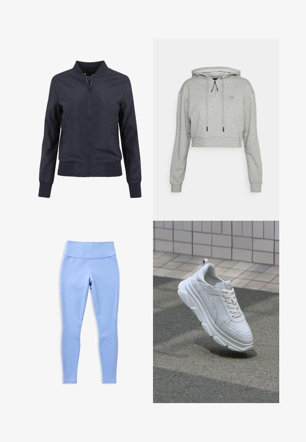 Veste bomber bleu marine en tissu léger et lisse. Dotée d'une fermeture éclair à l'avant, d'un col à côtes et de manches à poignets. Design simple et minimal.; Even&Odd active by Zalando Sweat à capuche - grey; Leggings bleu clair en tissu extensible, dotés d'une large ceinture et d'un design perforé sur les côtés pour la ventilation.; Basket en cuir blanc avec une semelle en caoutchouc épaisse et texturée, dotée d'un laçage et de détails de couture. Design à bout rond et soutien de la cheville.