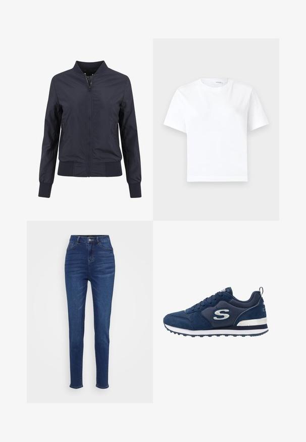 Chaqueta bomber azul marino hecha de un tejido ligero y suave. Cuenta con cierre de cremallera en el frente, cuello acanalado y mangas con puños. Diseño simple y minimalista.; Camiseta blanca lisa de algodón de manga corta con cuello redondo y dobladillo recto, mostrada sobre un fondo blanco.; Jeans de tiro alto y corte ajustado en denim azul oscuro. Cuenta con cinco bolsillos, presillas para el cinturón y un cierre de botón, con un leve desgastado a lo largo de las piernas.; Zapatilla deportiva azul marino con materiales de ante y malla, que presenta un logo plateado prominente, parte superior texturizada y una media suela blanca.