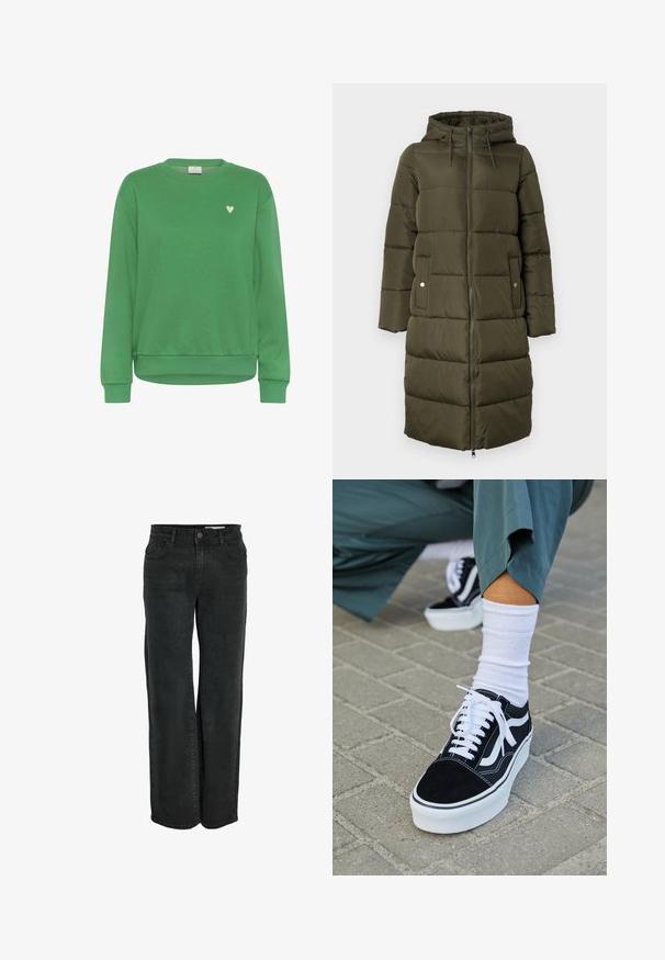 Long manteau rembourré vert olive avec une capuche, doté d'une fermeture éclair à l'avant, de deux poches latérales et d'un motif matelassé sur l'ensemble.; Sweat-shirt vert en coton, avec un col rond, des manches longues, des poignets côtelés et un petit accent en forme de cœur blanc sur la poitrine.; Jean large noir en denim, présentant un design classique à cinq poches et une fermeture éclair avec bouton. Texture lisse.; Baskets en suède noir avec des accents et des lacets blancs, présentant une épaisse semelle blanche et des coutures contrastantes, associées à une chaussette blanche.