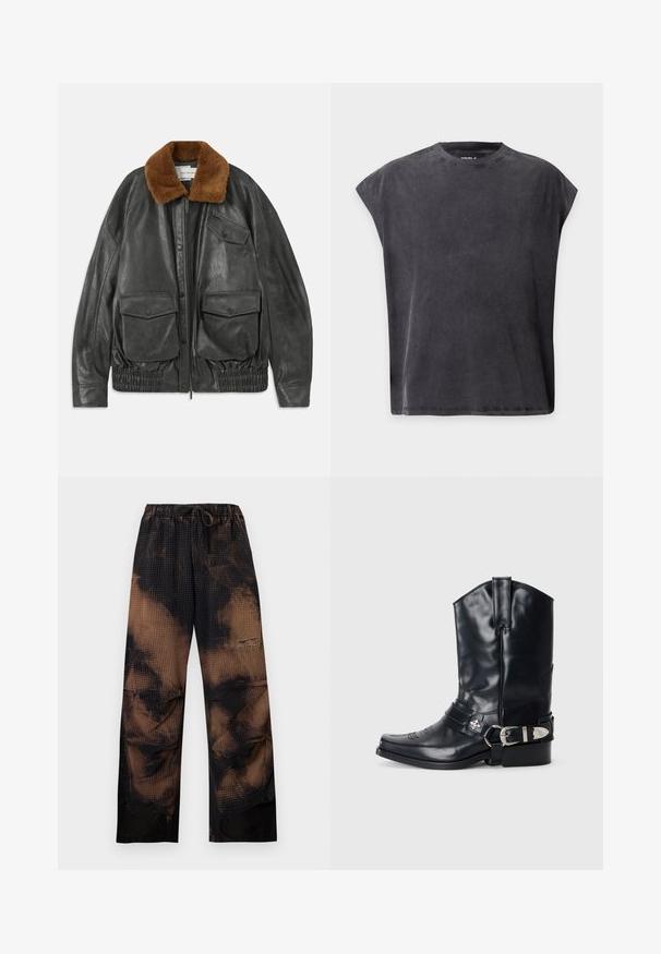 Veste en cuir noir avec un col en fausse fourrure marron, fermeture éclair, ourlet élastiqué et deux poches plaquées à l'avant. Texture lisse et coupe décontractée.; T-shirt noir sans manches à col rond, coupe ample et carrée avec épaules légèrement descendues sur un fond uni.; Pantalon ample tie-dye noir et marron avec taille élastique et cordon, avec une texture gaufrée et jambes larges et droites.; Botte de cowboy en cuir noir avec un bout pointu, une tige haute, des coutures décoratives et une quincaillerie en argent sur la sangle. Fini texturé.