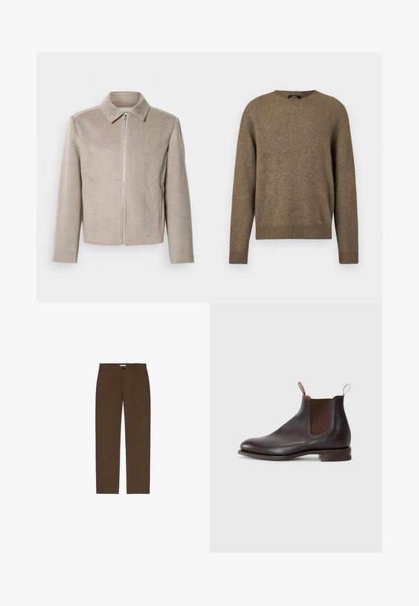 Lysebeige zip-up jakke med krave, fremstillet i en glat, tekstureret stof med diskrete broderede detaljer på kraven.; Brun uld sweater med rund hals og lange ærmer, med ribbet manchet og kant, med et lille sort mærke inden i halsudskæringen.; Brune, lige ben bukser lavet af tekstureret stof. Har en frontknap lukning og bæltestropper. Ingen synlige lommer eller mønstre.; Brun læder Chelsea-støvle med elastiske sidepaneler, trækflap, rund tå og en lav stablet hæl. Glat tekstur, minimalistisk design.