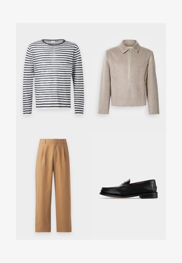 Veste beige clair à fermeture éclair avec col, en tissu lisse et texturé, ornée de détails brodés subtils sur le col.; Pull en maille à manches longues et col rond avec des rayures horizontales bleu marine et blanches.; Pantalons marron à jambes larges en tissu lisse. Présentent une taille haute avec des plis, des passants de ceinture et une poche avant.; Mocassin homme en cuir noir avec un petit talon et une couture de style mocassin sur l'avant, vu de côté sur un fond uni.
