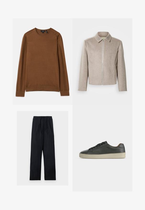 Chaqueta beige claro con cremallera y cuello, fabricada con una tela suave y texturizada, con sutiles detalles bordados en el cuello.; Suéter de punto marrón con cuello redondo, mangas largas tipo raglán y patrón texturizado. Presenta puños y dobladillo acanalados para un ajuste ceñido.; Pantalones negros de corte holgado con cintura elástica y cordón, con bolsillos laterales y diseño de pierna recta.; Zapatilla baja de cuero negro con cordones negros y suela de goma color marfil, vista desde el lateral externo sobre un fondo blanco.
