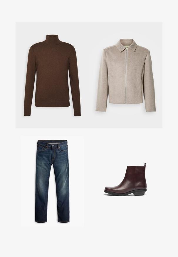Chaqueta beige claro con cremallera y cuello, fabricada con una tela suave y texturizada, con sutiles detalles bordados en el cuello.; Suéter marrón de cuello de tortuga hecho de material suave, con mangas largas, un diseño ajustado y detalles acanalados en el cuello y el dobladillo.; Jeans de mezclilla azul oscuro con ligero desvanecimiento en los muslos, diseño de cinco bolsillos, cierre de botón y costuras naranjas visibles sobre un fondo blanco.; Botas de tobillo de cuero burdeos con punta redonda, diseño minimalista, un tacón bajo en bloque y una lengüeta en la parte posterior. Textura y acabado suaves.