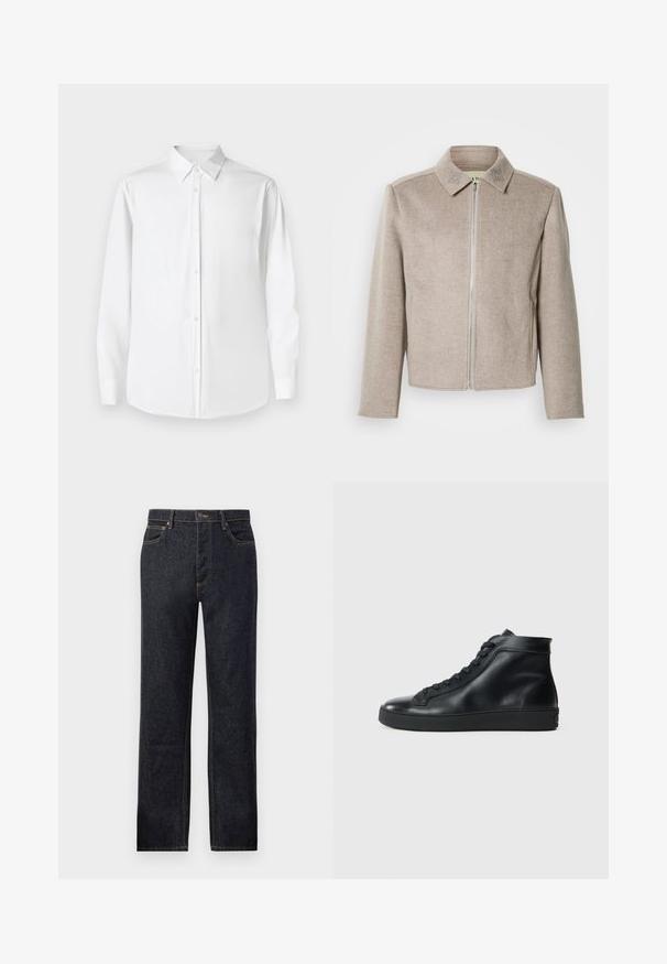 Hellbeige Jacke mit Reißverschluss und Kragen, aus einem glatten, strukturierten Stoff mit dezenten Stickakzenten am Kragen.; Weißes Langarmhemd mit Point-Kragen, aus glattem Stoff gefertigt, mit klassischer Passform und vorderem Knopfverschluss.; Dunkelblaue Jeans mit geradem Bein, kontrastierenden gelben Nähten, Fünf-Taschen-Design und vorderem Knopfverschluss.; Schwarze High-Top-Sneaker aus glattem Leder mit runder Zehenpartie, flacher Gummisohle und Schnürdesign. Klare Linien und minimale Akzente.