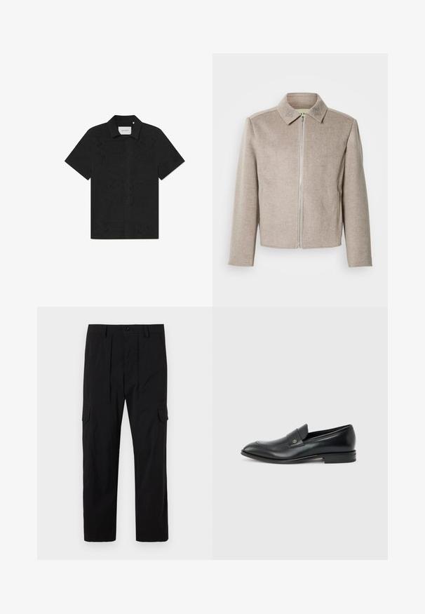Chaqueta beige claro con cremallera y cuello, fabricada con una tela suave y texturizada, con sutiles detalles bordados en el cuello.; Camisa negra de manga corta hecha de una tela transpirable que presenta intrincados patrones de corte y un frente abotonado.; Pantalones cargo negros hechos de tejido ligero, con un diseño de pierna recta, pliegues delanteros, bolsillos laterales y cierre de botón.; Mocasín de cuero negro para hombre con tacón bajo, punta redondeada y pequeño logo metálico en la correa, mostrado de perfil sobre un fondo liso.