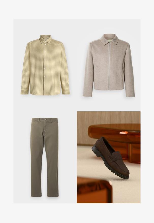 Veste beige clair à fermeture éclair avec col, en tissu lisse et texturé, ornée de détails brodés subtils sur le col.; Chemise à manches longues à carreaux jaunes et gris, boutonnée avec un col boutonné, présentée à plat sur un fond blanc uni.; Pantalon en coton vert olive avec une coupe droite, poches avant, passants de ceinture et fermeture à bouton en métal à la taille.; Mocassin en daim brun foncé avec semelle noire épaisse, présenté au-dessus d'un tapis beige et près d'un meuble ambré translucide.