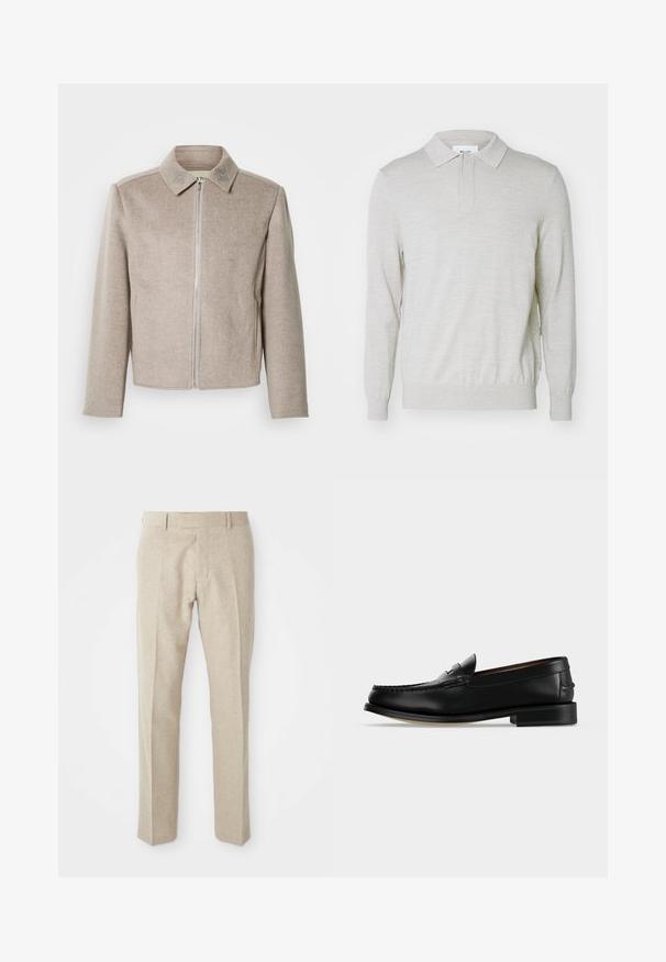Lichtbeige jas met ritssluiting en kraag, uitgevoerd in een glad, gestructureerd materiaal met subtiele geborduurde details op de kraag.; NN.07 EMERSON - Poloshirt - white pepper; Beige op maat gemaakte broeken van gestructureerde stof, met een vlakke voorkant, rechte pijpen en een traditionele tailleband met riemlussen.; Zwarte leren herenloafer met een lage hak en mocassinstiksels op de teen, zijaanzicht op een effen achtergrond.