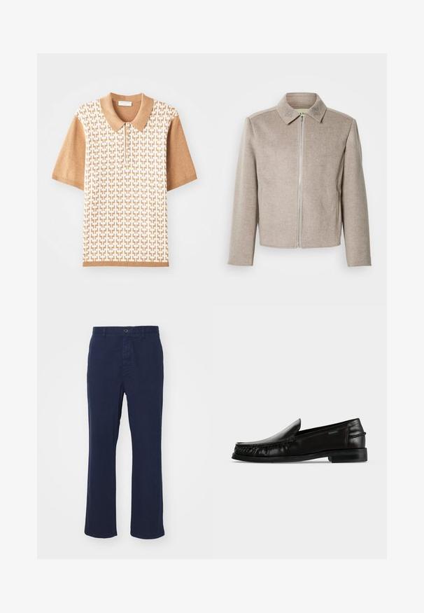 Lysebeige zip-up jakke med krave, fremstillet i en glat, tekstureret stof med diskrete broderede detaljer på kraven.; Kortærmet polo shirt med et beige teksturmønster, lys brown krave og manchetter, med tre knapper og geometriske designs.; Mørkeblå bomuldsbukser med lige ben-design, der har en frontknaplukning og sidelommer. Glat tekstur med minimal detaljer.; Sort læder slip-on loafer med flettet detalje langs siderne og en lav hæl på en hvid baggrund.