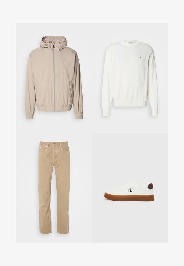 Veste coupe-vent beige clair avec capuche, poignets et ourlet élastiques, équipée d'une fermeture éclair devant et d'un petit logo sur la poitrine. Texture lisse.; Pull en tricot blanc à manches longues, avec des bords côtelés aux poignets et à l'ourlet, comportant un petit logo rouge sur la poitrine. Texture douce, col rond.; Pantalons en coton beiges au design à jambe droite, avec poches avant, fermeture à bouton et détails de couture subtils le long des coutures.; Baskets blanches avec une semelle en gomme, des lacets plats et un accent en daim marron au talon. Présente un logo "cK" discret en relief sur le côté.