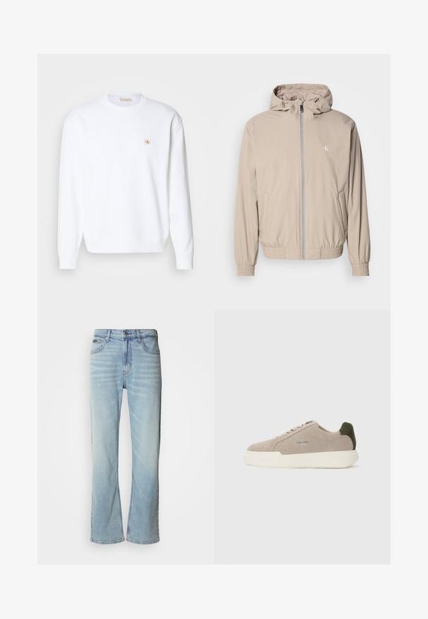 Lysebeige vindtæt jakke med hætte, elastiske manchetter og kant, med lynlås foran og et lille logo på brystet. Glat tekstur.; Hvid sweatshirt med lange ærmer, rund hals og ribbede manchetter. Har et lille logo i rød og beige på venstre brystområde. Glat tekstur.; Lyseblå denimjeans med lige ben, der har fem lommer, knaplukning og en subtil falmning på stoffet.; Beige ruskinds sneakers med en hvid gummisål, der har en mørkegrøn hælaccent og subtil branding på siden.