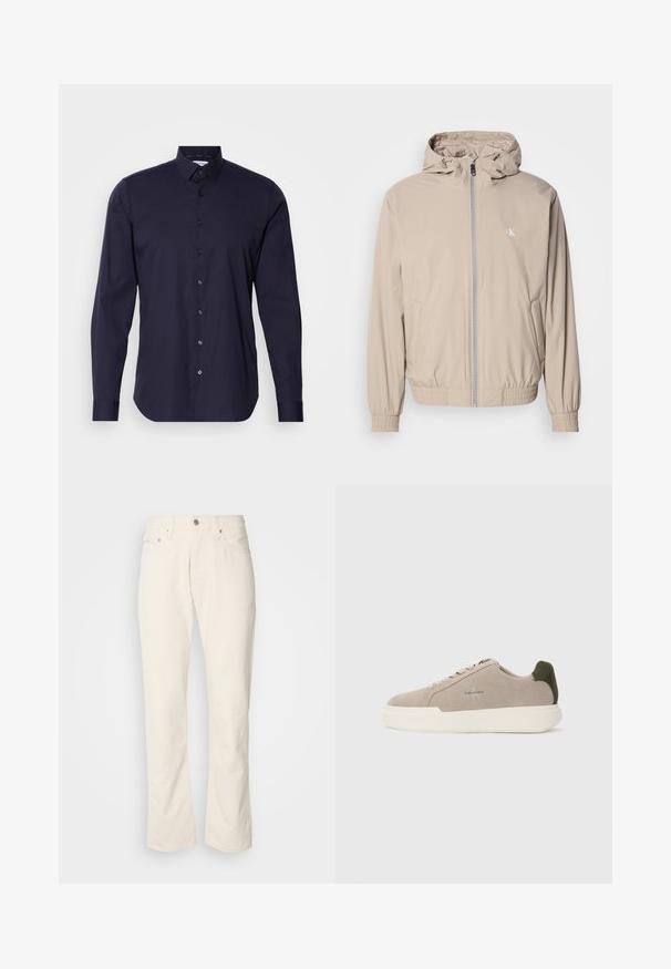 Veste coupe-vent beige clair avec capuche, poignets et ourlet élastiques, équipée d'une fermeture éclair devant et d'un petit logo sur la poitrine. Texture lisse.; Chemise bleu marine à boutons, à manches longues, avec un col classique et une coupe ajustée. Fabriquée en tissu lisse avec un logo subtil sur la poitrine.; Jeans en coton beige avec un design classique à jambe droite, comportant une fermeture à bouton à l'avant, cinq poches et des détails de couture subtils.; Baskets en suède beige avec une semelle en caoutchouc blanche, présentant un accent de talon vert foncé et une branding subtile sur le côté.