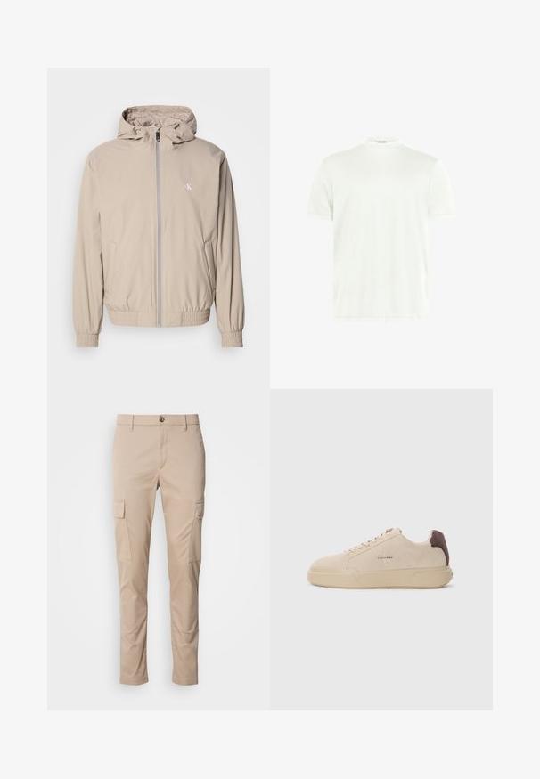 Lysebeige vindtæt jakke med hætte, elastiske manchetter og kant, med lynlås foran og et lille logo på brystet. Glat tekstur.; Hvid crewneck T-shirt lavet af blødt stof. Korte ærmer, uden mønstre. Simpelt design med lige kant og minimal detaljer.; Beige cargo bukser med to sidelommer, slim fit, lavet af letvægtsstof, med en frontknaplukning og bæltesløjfer.; Beige ruskind sneakers med rund tå, snørret foran og en brun ruskindsdetalje på hælen. Har en tekstureret gummisål.