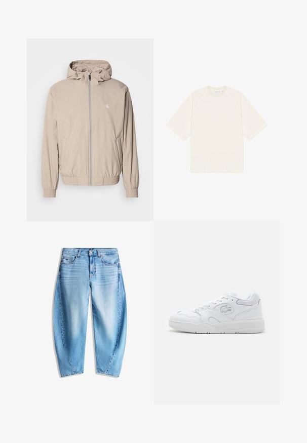 Hellbeige Windbreaker-Jacke mit Kapuze, elastischen Bündchen und Saum, ausgestattet mit einem Frontreißverschluss und einem kleinen Logo auf der Brust. Glatte Textur.; Hellbeiges T-Shirt mit lockerem Schnitt, kurzen Raglanärmeln und Rundhalsausschnitt. Hergestellt aus weichem Stoff, mit minimalistischem Design.; Hellblaue Jeans aus Denim mit lockerem Schnitt, fünf Taschen, Knopfverschluss und dezentem Verblassen an den vorderen Oberschenkeln.; Weiße Sportsneaker mit einem glatten Lederobermaterial, Mesh-Akzenten, Schnürverschluss und einer strukturierten Gummisohle. Lacoste-Logo an der Seite.