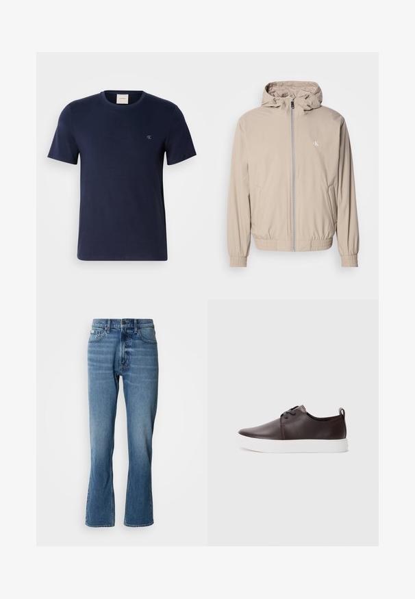 Lysebeige vindtæt jakke med hætte, elastiske manchetter og kant, med lynlås foran og et lille logo på brystet. Glat tekstur.; Marineblå bomulds T-shirt med rund hals, korte ærmer og et lille broderet logo på venstre bryst. Glat tekstur og klassisk pasform.; Lyseblå denim jeans med lige pasform og let flare. Har fem lommer, knaplukning og subtile slidte detaljer.; Brune lædersneakers med en glat overflade, hvid gummisål, rund tæer og snøredesign. Indeholder en løkke i hælen.