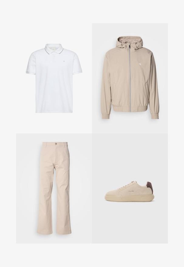 Licht beige windjack met capuchon, elastische manchetten en zoom, voorzien van een ritssluiting aan de voorkant en een klein logo op de borst. Gladde textuur.; Witte polo met korte mouwen, twee knopen, grijze bies aan kraag en manchetten en klein "ck" logo geborduurd op de borst.; Beige katoenen broeken met een recht gesneden ontwerp, voorzien van een knoopsluiting, voorzakken en minimale stikdetails.; Beige suède sneakers met een ronde neus, vetersluiting aan de voorkant en een bruine suède accent op de hiel. Beschikt over een gestructureerde rubberen zool.