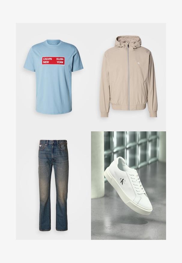 Heleroosa kapuutsiga tuulejakk, millel on elastsed varrukapitsid ja serv, eesmine lukk ja väike logo rinnal. Sile tekstuur.; Calvin Klein Jeans BOX GRAPHIC TEE - Trükipildiga T-särk - smoke blue; Kõrge vöökohtadega sinised teksad, mis on valmistatud denimist, sirge sääre disainiga, kulunud ja kahjustatud plaastritega ning traditsioonilise viie taskuga stiiliga.; Valge Calvin Kleini paeltega tennisejalanõu, mis on kuvad surnud põranda ja klaasplokkide seina taustal hõljuvana.